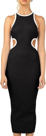 KMOLY Women's Sexy Sleeveless Cut Out Dress Crewneck Bodycon Hollow Backless Knitted Evening Cocktail Party Midi Dresses